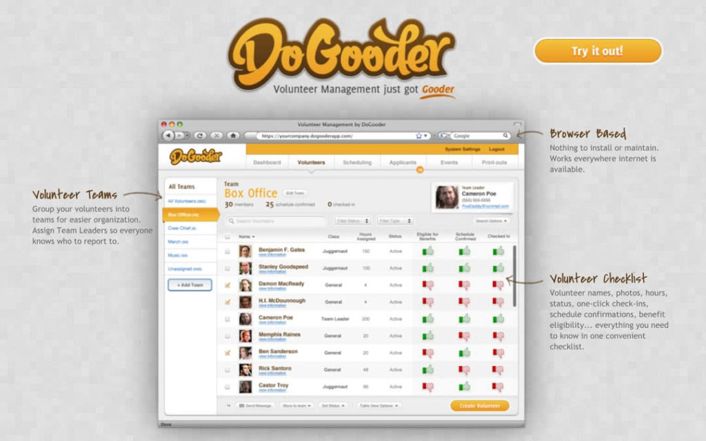 DoGooder, volunteer management system, volunteer time tracking, volunteer team management, volunteer communication