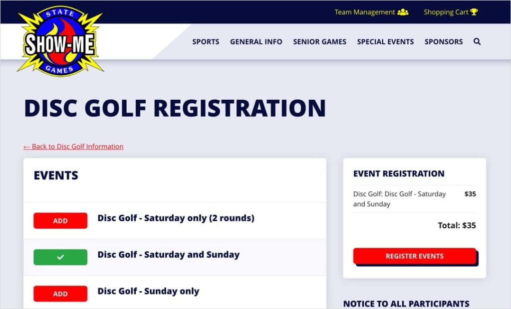 Show-Me State Games online event registration selection screens